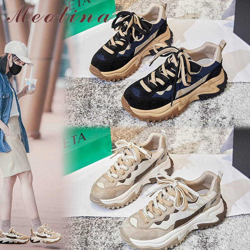 

Meotina Women Shoes Genuine Leather Platform Sneakers Thick High Heels Shoes Lace Up Ladies Footwear 2022 Spring Khaki Black 40