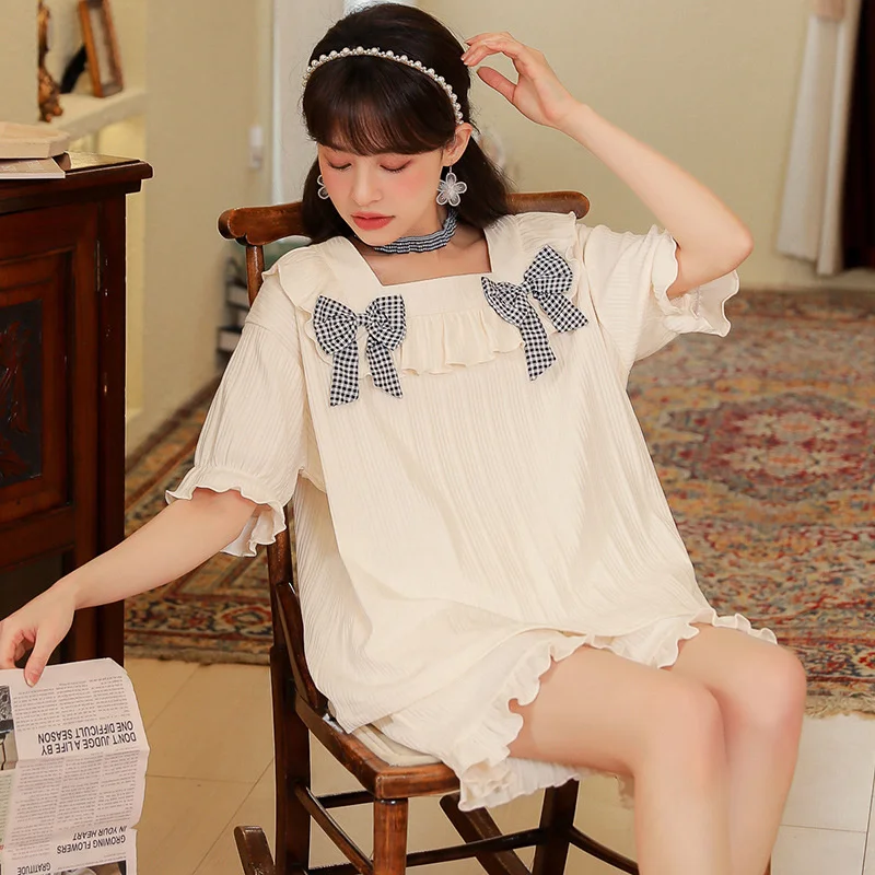 2022 New Spring And Summer Pajamas Women's Short Sleeved Cotton  Princess Style Lovely Girl Loose Home Suit sleep lounge