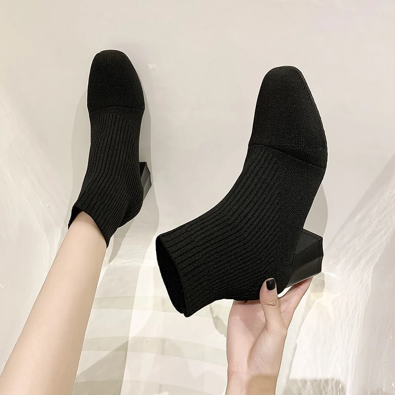 

new Stretch Sock Boots For Women Shoes Square Heel Yellow Knitting shoes Elastic Cottton Boots Lady Footwear Comforable and warm