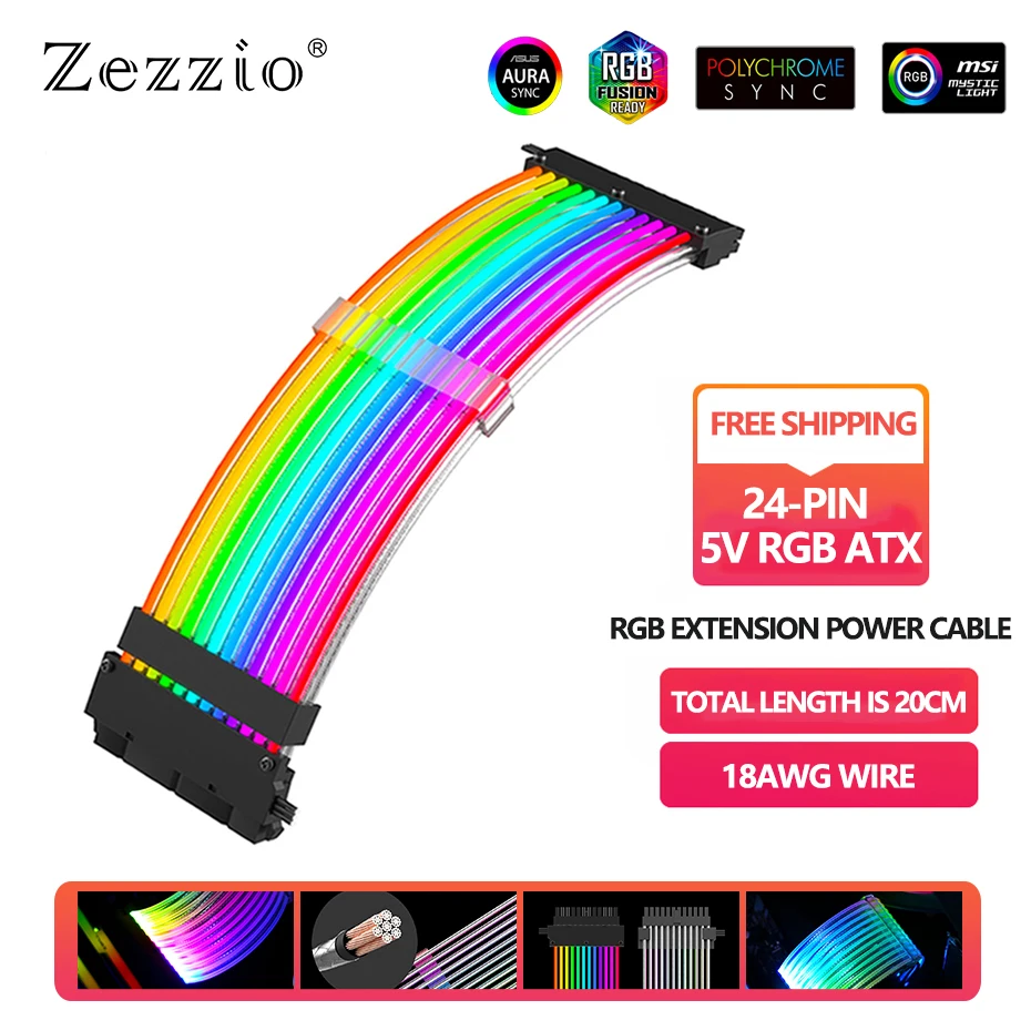 Удлинитель питания Zezzio RGB, 24 контакта, ATX, управление кабелями, 5 В
