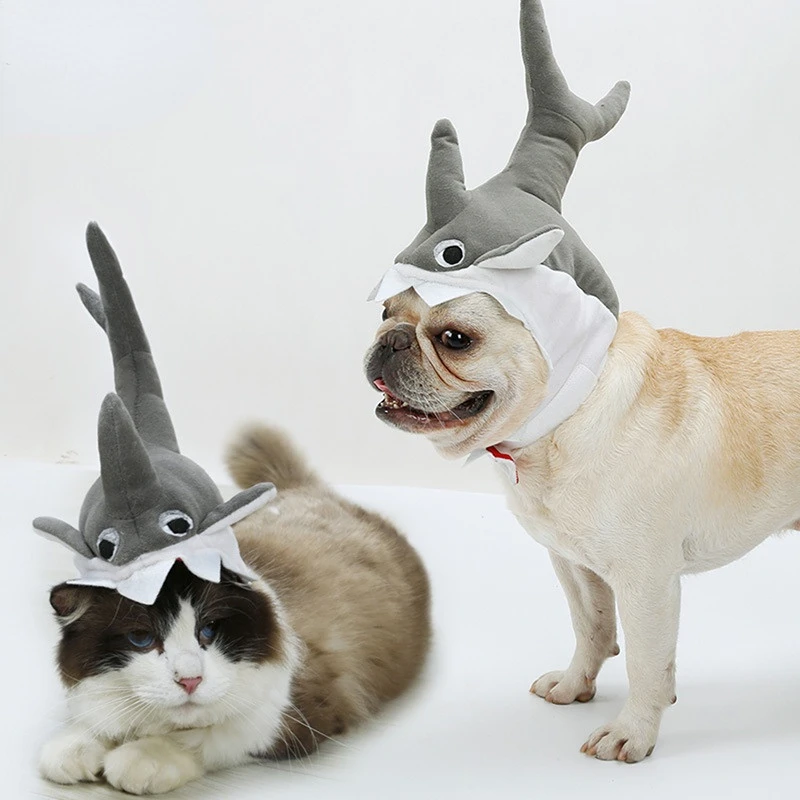 Pet Hat Costume for Halloween Cute and Funny Dog & Cat Toy Chew Hat Headgear Shark Shape Adjustable Size Elastic Warm Cap