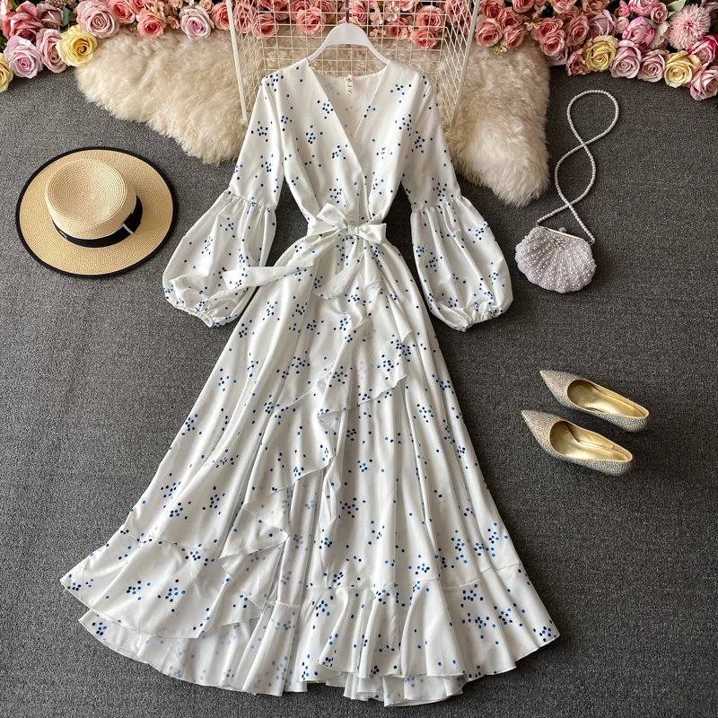 

ZCWXM Spring Autumn Floral Print Dress Women V Neck A Line Long Lantern Sleeve Dress High Waist Mid Calf Ladies Party Dresses