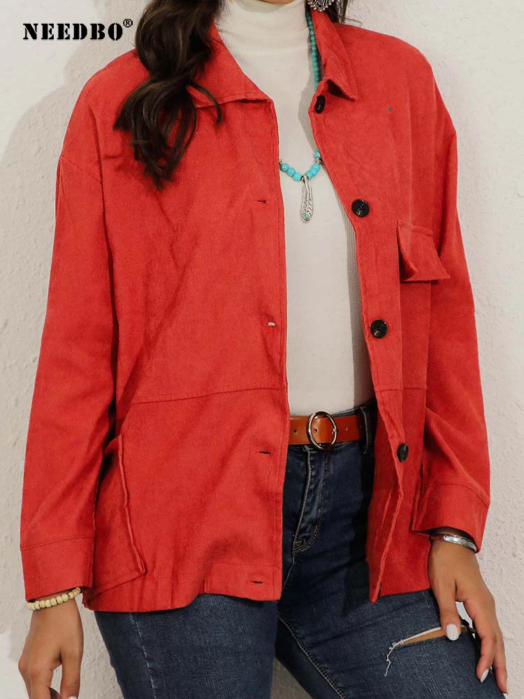 NEEDBO вельветовые осенние куртки с отложным воротником и карманами на пуговицах