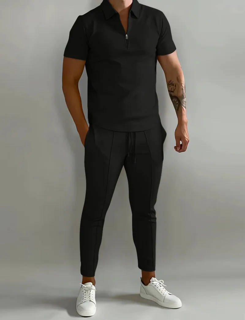 Men's Tracksuit Spring Turn Down Solid Polo Shirts and Sweatpants Short Sleeve 2 Piece Set Male Summer Regular Fit