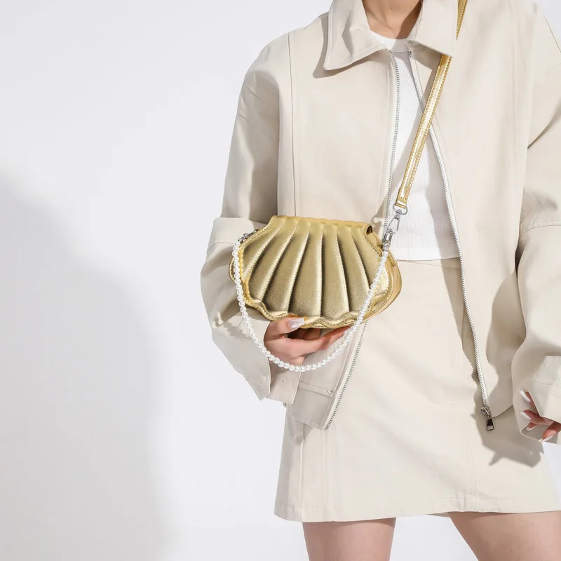 Patent Leather Handbags for Women 2023 New Trend Pearl Beaded Small Shell Bag Candy Color Personality Fashion Woman Shoulder Bag