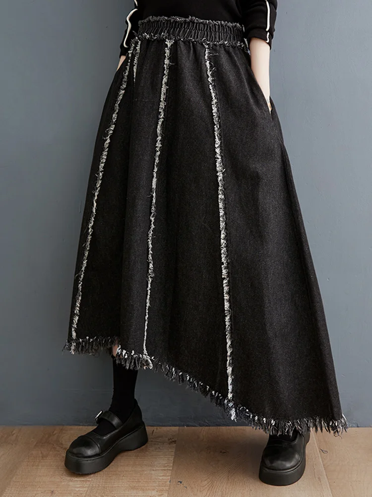 

Женская винтажная джинсовая юбка, демисезонная Свободная юбка с асимметричными краями и высокой талией, 2023