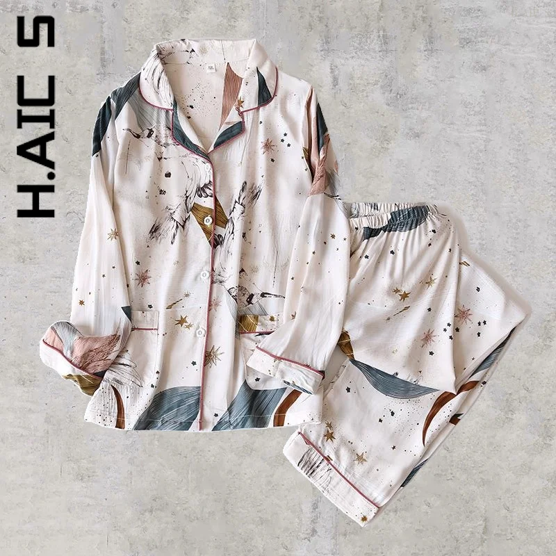 

H.Aic S Summer Women Pajamas For Women Lovely Suit Casual Nightwear 100% Viscose Long-Sleeved Pajamas Sweet Female Clothes
