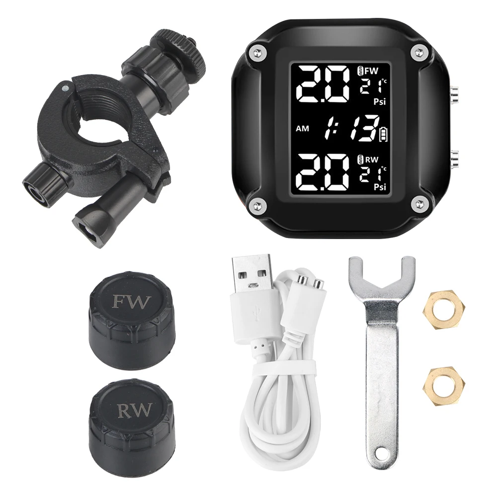 

Мотоциклетный ЖК-дисплей TPMS с 2 внешними датчиками, сигнализация для мониторинга давления в шинах, температура в шинах