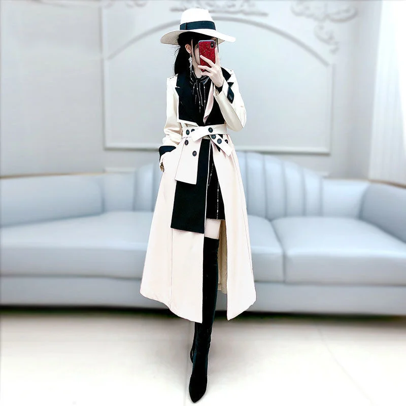 

2022 New Spring Dress BEIGE BLACK Splicing Windbreaker Women's Long Sleeved Suit Collar Irregular Personality Lace Up Medium And