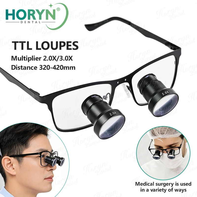Фото Стоматологические бинокулярные лупы Horyn TTL 2X 3X, ультралегкие, хирургические очки для стоматологов, без регулировки, экономичная металлическая оправа №1