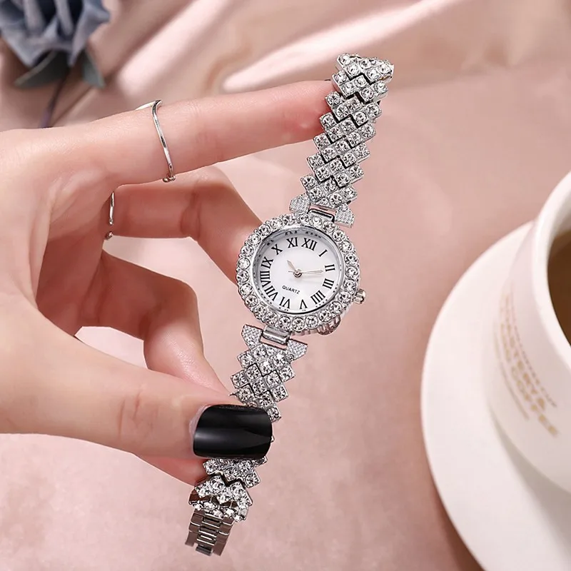 2PCS Fashion Trend Business Versatile Luxury Diamond Set Sky Star Elegant Quartz Watch Set Diamond Bracelet Set