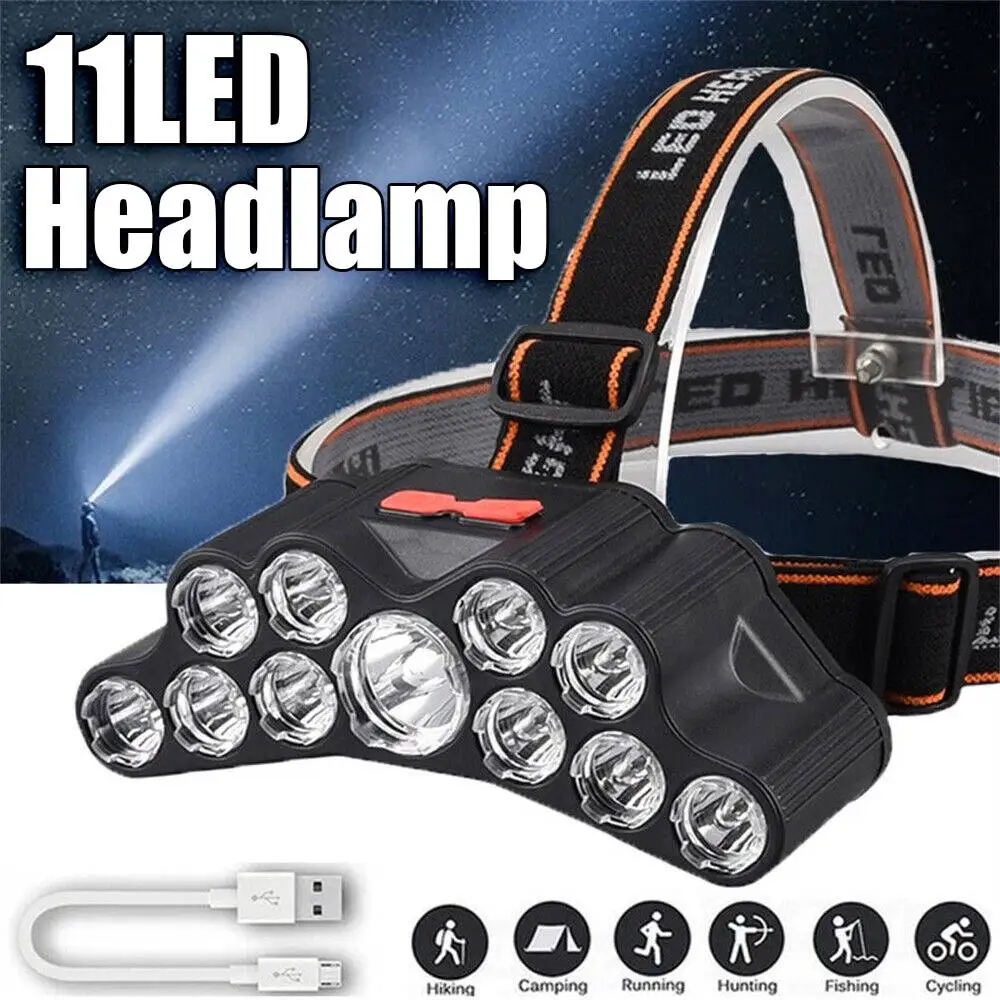 Фонарь налобный водонепроницаемый с зарядкой от USB 11 светодиодов