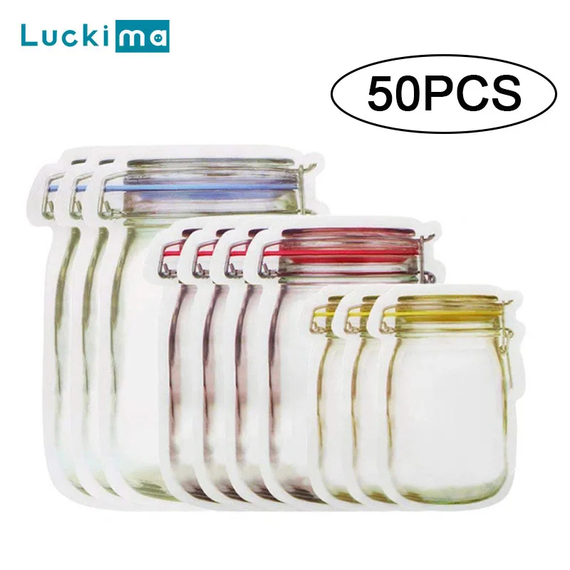 

New Reusable Mason Jar Bottles Bags Grocery Nuts Candy Cookies Bag Seal Fresh Food Storage Bag Snacks Zipper Sealed Organizer