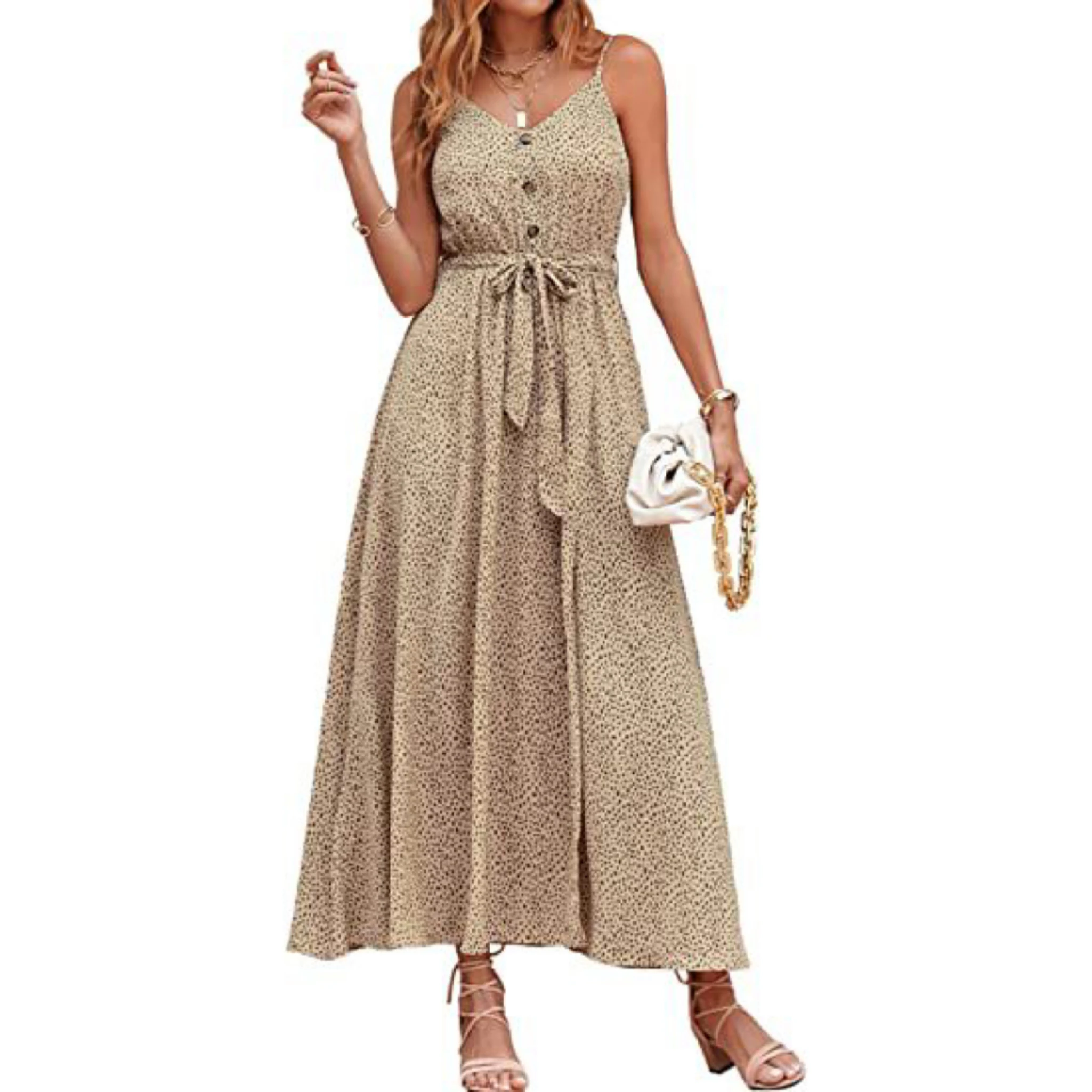 

2022 Europe and The United States Summer New Women's Fashion Explosive V-neck Buckle Fork Flowing Sleeveless Dress Belt