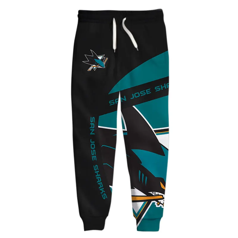 

San Jose men's casual pants black and green stitching cartoon fat fish print Sharks Sweatpants