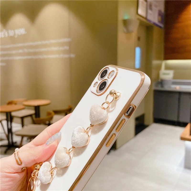 Luxury Gold Plated Heart Charm Strap Case for iPhone 14 Pro Max 13 11 Chain Holder Cover for iPhone 12 8 Plus 7 XR XS X SE 2020