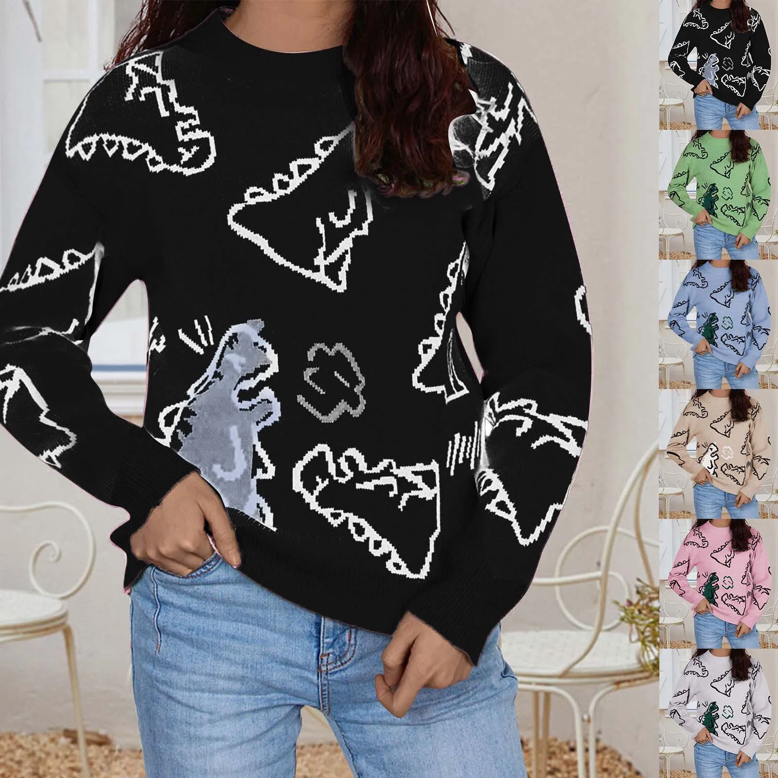 

Women's Dinosaur Print Knit Sweater Oversized Pullover Sweaters Aesthetic Preppy E Girl Streetwear