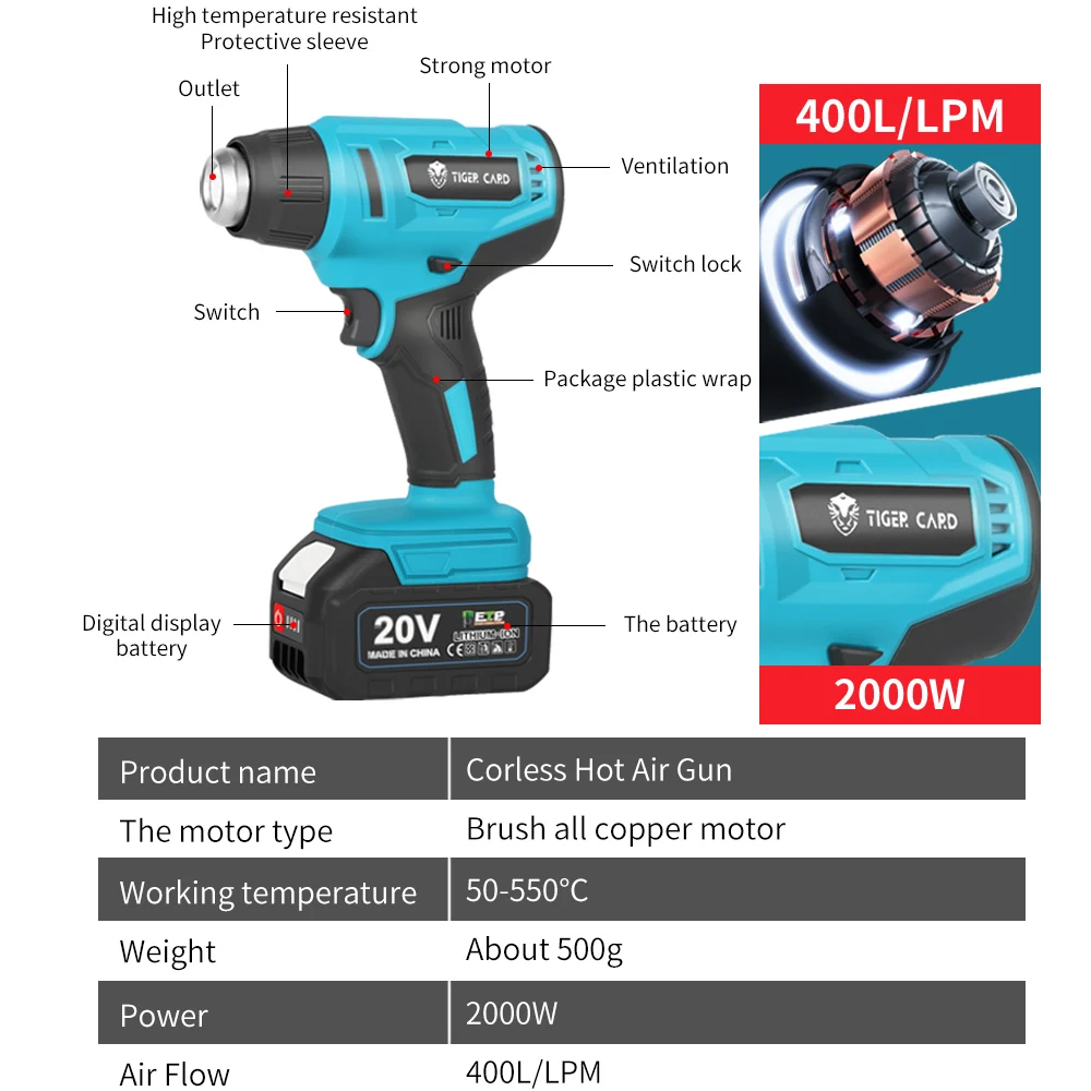 Hot Air Gun Cordless Handheld Electric Heating Gun Temperatures Adjustable 1/2 Lithium Battery With 2 Nozzles For Soldering enlarge