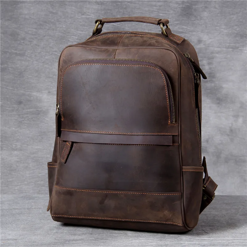 Vintage genuine leather large capacity men's backpack simple high quality crazy horse cowhide daily travel work laptop bagpack