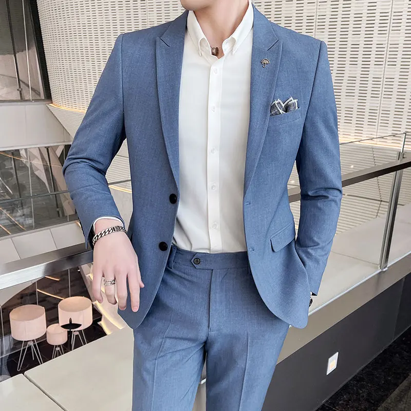 (Jacket+Pants) Fashion Men's Pure Color Leisure Suits Gray Blue Black Slim Fit Men Business Banquet Suit Set Plus Size 3XL 4XL