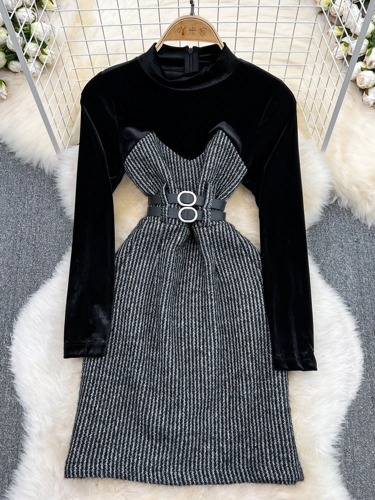 

Women Autumn Winter Dress Retro Style Long Sleeve Stand Collar Gold Velvet Patchwork Woolen with A Slim Waist Vestidos D2449