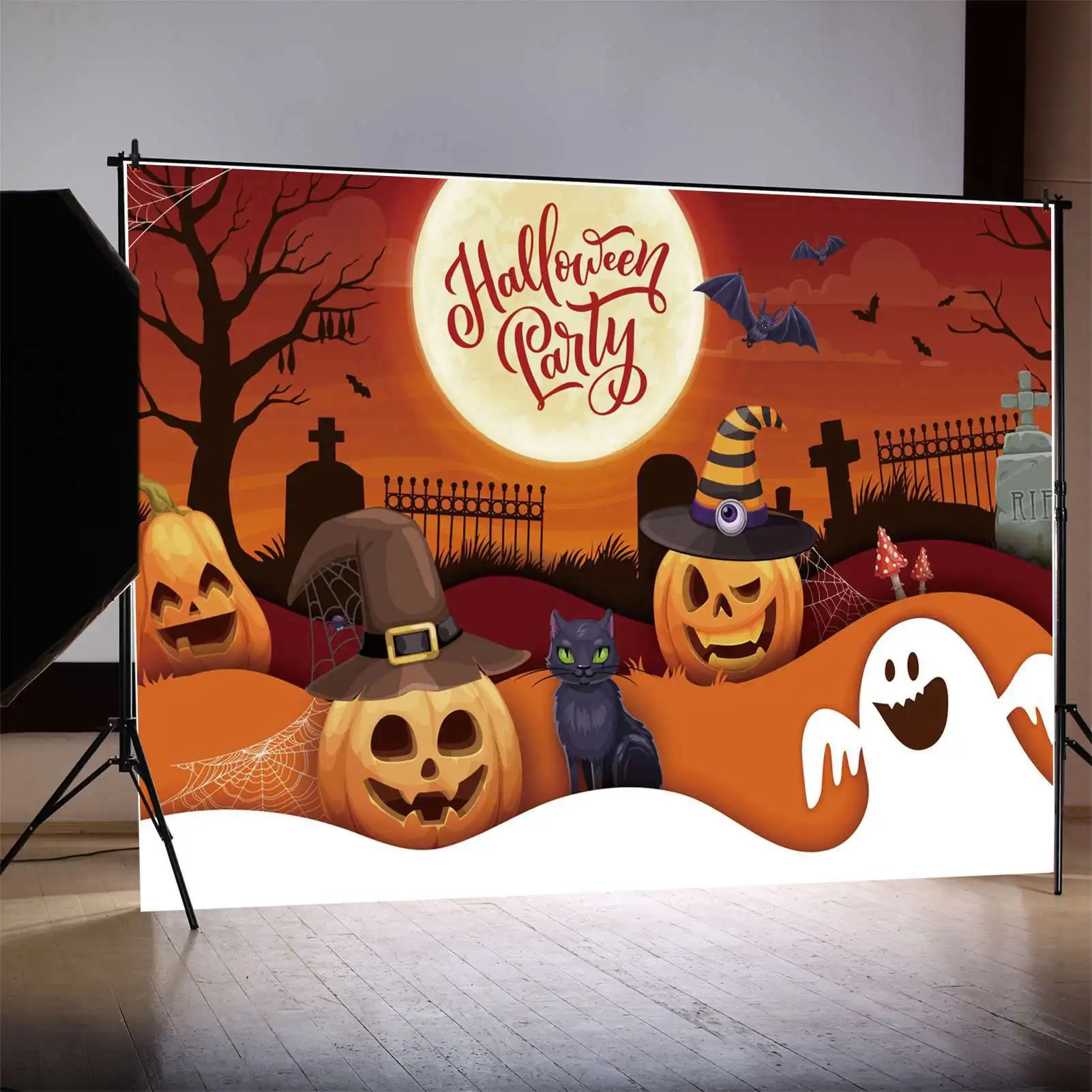 

MOON.QG Backdrop Halloween Party Banner Jack O Lantern Cat Cemetery Decor Background Tombstone Ghost Flying Bat Photo Booth Prop