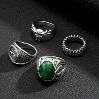 retro inlaid malachite vintage hip hop ring national style skull design four piece sliver gothic mens jewelry gift daily wear