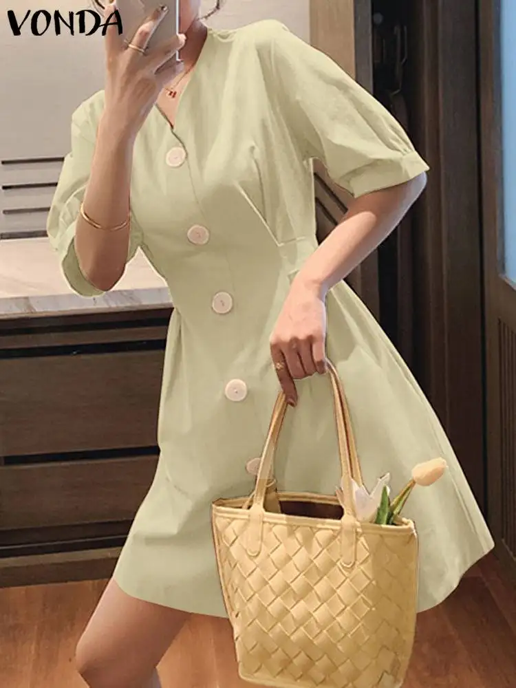

Модное женское платье-рубашка VONDA 2023, Летний Мини-сарафан с коротким рукавом, повседневный свободный Однотонный женский сарафан с V-образным вырезом и поясом