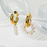 perisbox french elagent waterproof stainless steel thick huggie earrings asymmetric freshwater pearl hoop earring for women