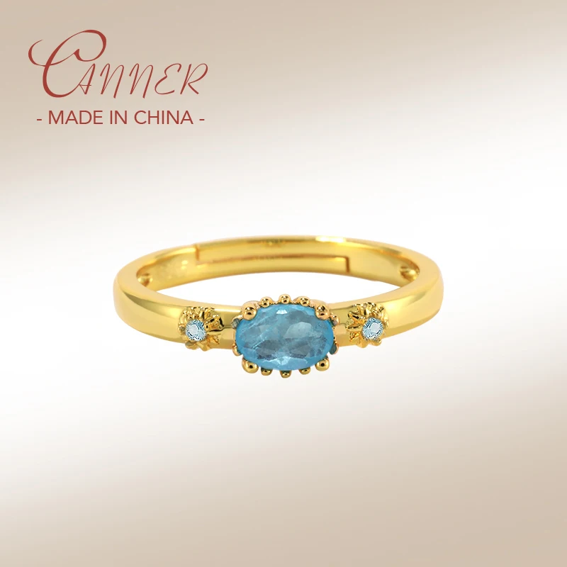 

CANNER 925 Sterling Silver Blue Tourmaline Wedding Ring For Women Girls Minimalist Adjustable Ring Bijoux Bague Fine Jewerly