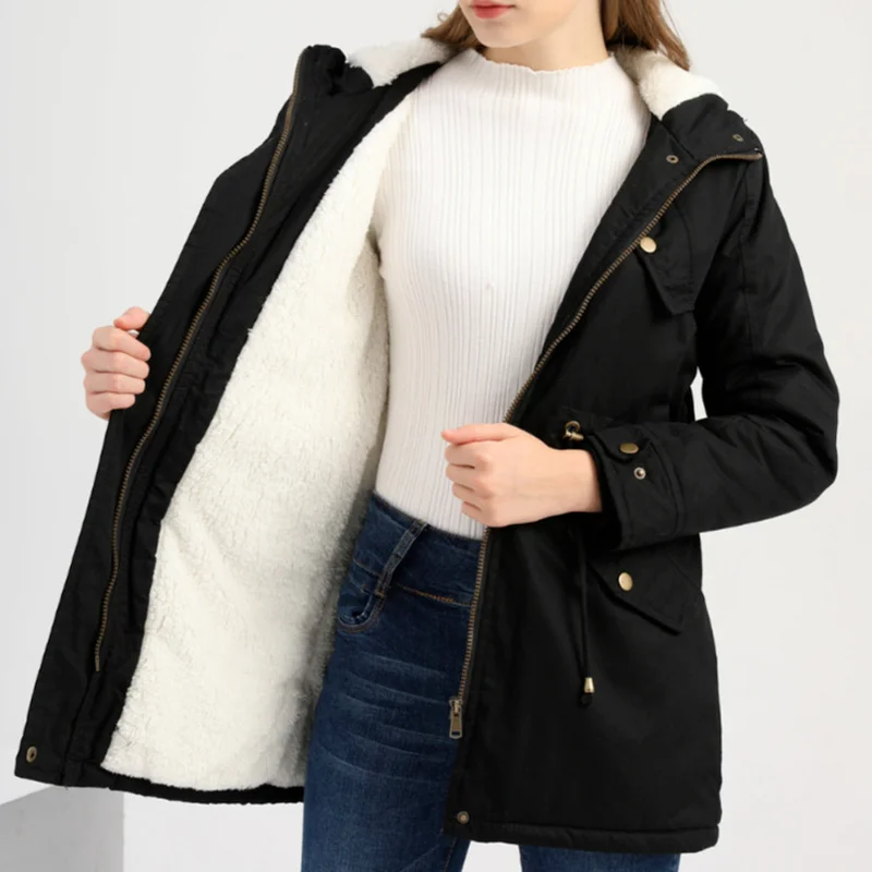 Thick Parka Coat Faux Fur Coat Women's Long-sleeved Hooded Collar Zipper Button Casual Ladies Jacket Warm Down Jacket Winter