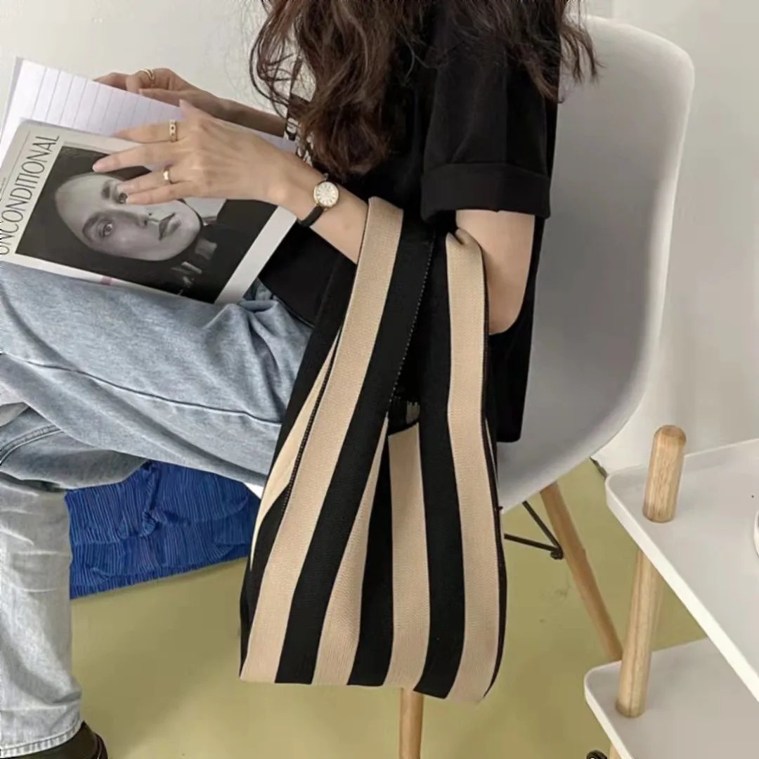 

2022 женская сумка для покупок, японская вязаная Повседневная клетчатая сумка, вязаная сумка через плечо, вместительные многоразовые сумки для покупок для студентов