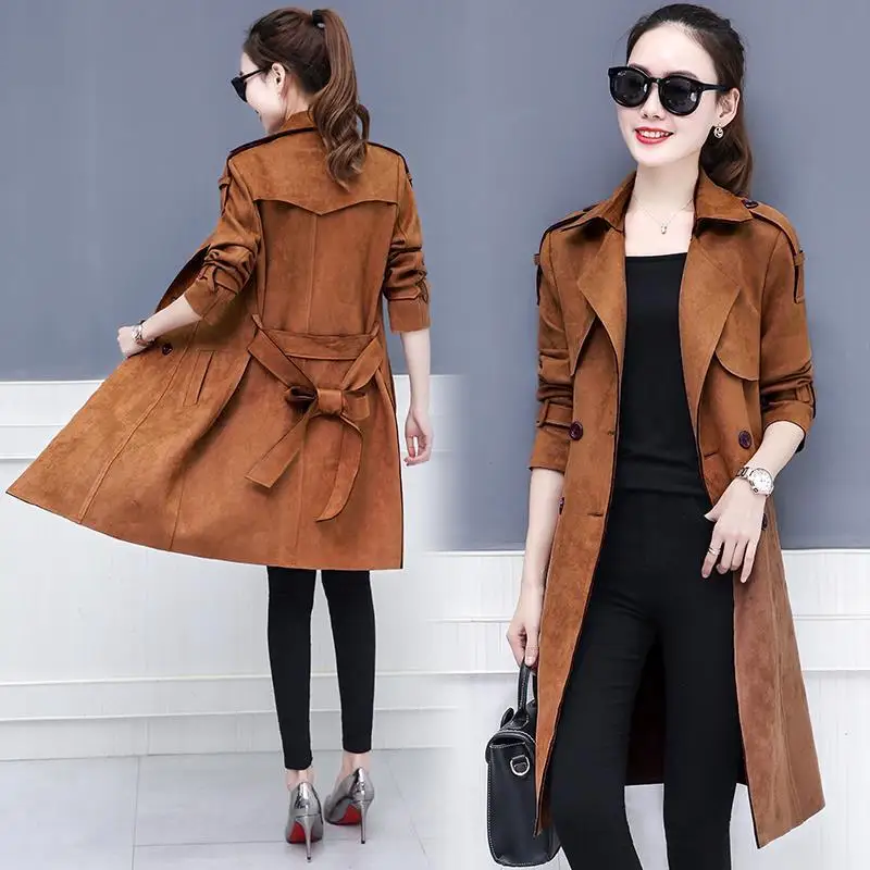 Women's Medium Long Korean Style 2022 Autumn  Winter Fashion Suede Coat Slim Coat Leather Trench Coat for Women Elegant Blet