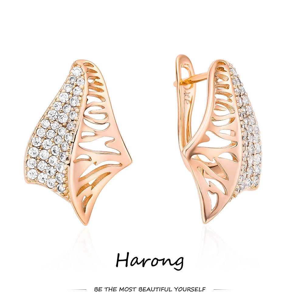 

Harong Geometry Rose Gold Color Stud Earrings with Crystal Hollow Leaves Shape Copper Quality Earring Jewelry for Women