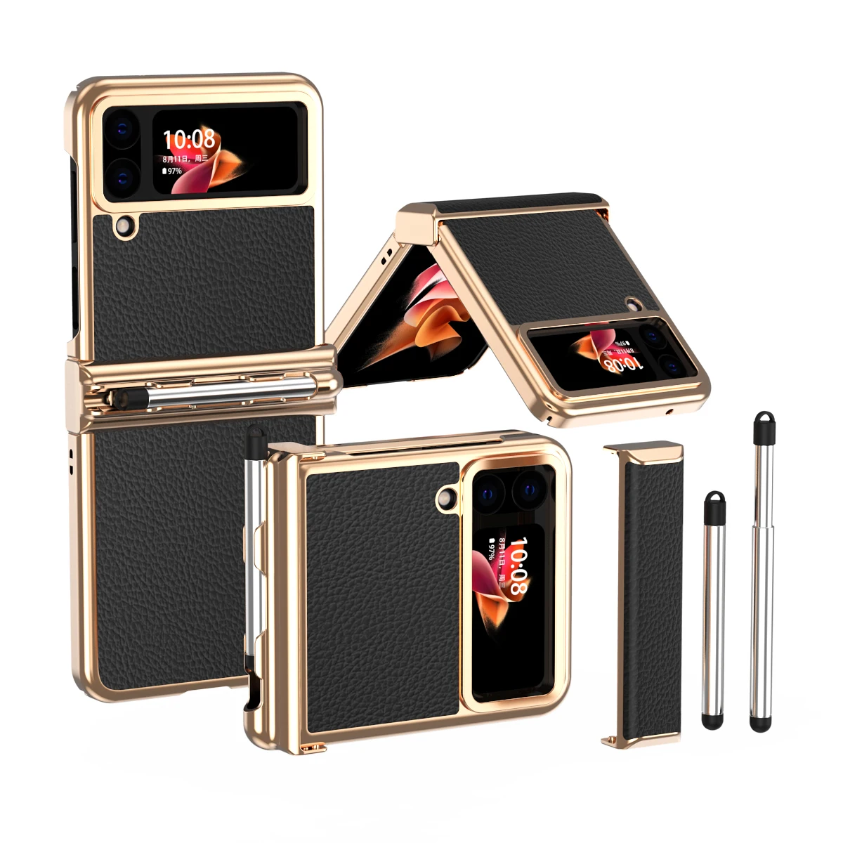 

4in1 Leather Electroplated Glossy Frame 360 Full Cover for Samsung Galaxy Z Flip 4 3 Flip4 Hard PC Pen Hinge Back Case Stylus