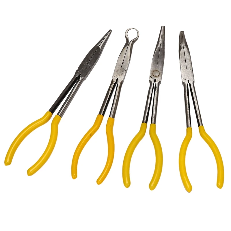 

4Pcs 11 Inch Extra Long Pliers Set Straight Bent Tip Mechanic Equipment Hand Tools