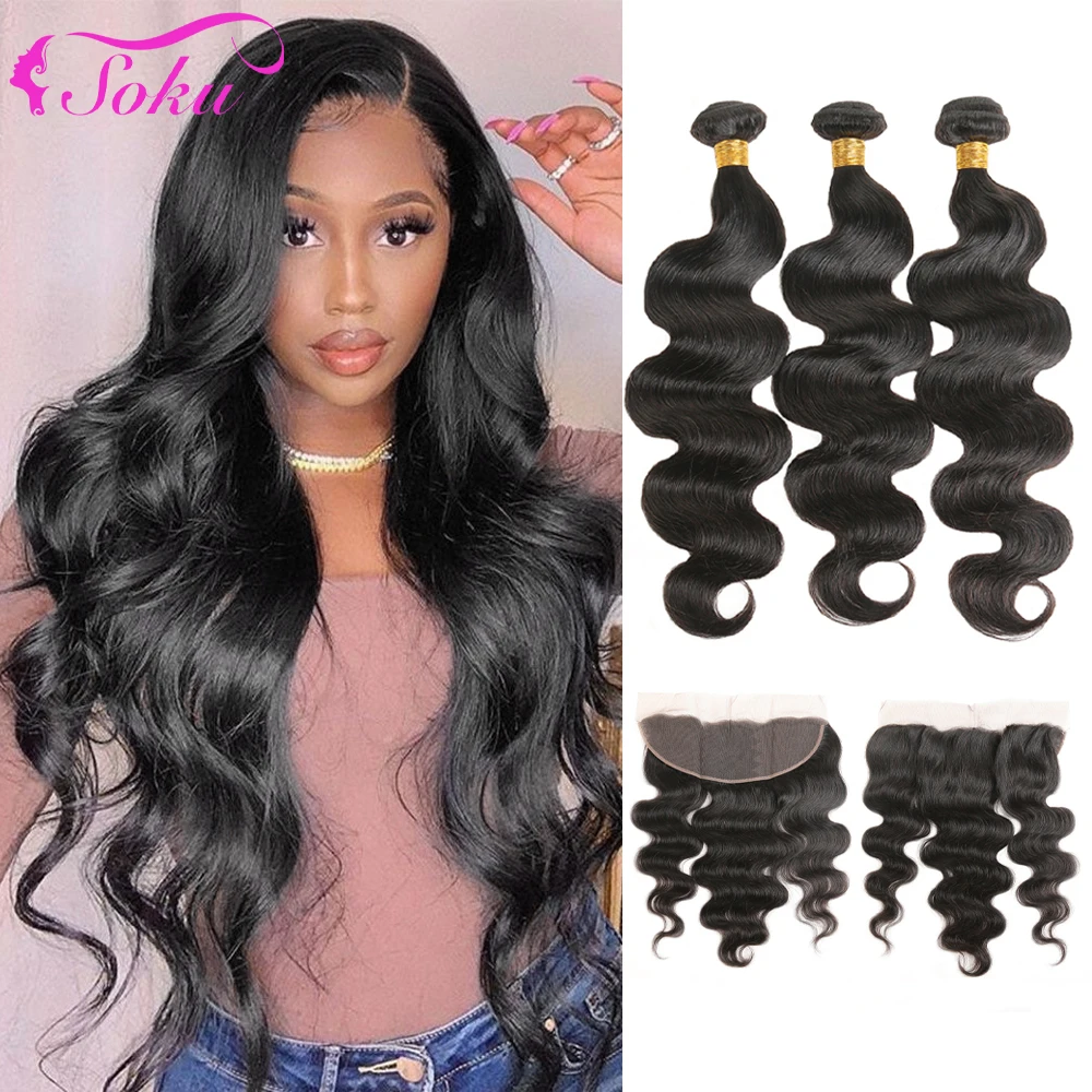 Body Wave Brazilian Human Hair Bundles With Closure Natural Color SOKU 3/4 Bundles With Lace Frontal 13x4 Remy Hair Extension