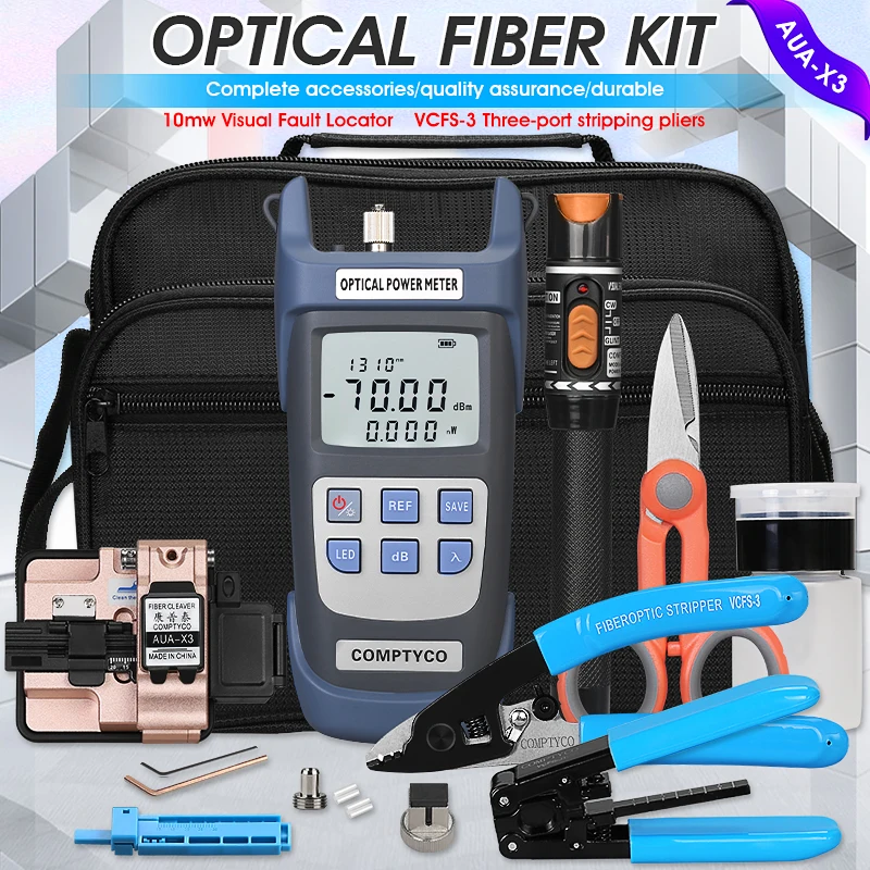 FTTH Fiber Optic Tool Kit with Fiber Fibra Optica Power Meter and 10mW Visual Fault Locator AUA-X3 Fiber Cleaver FTTH tool