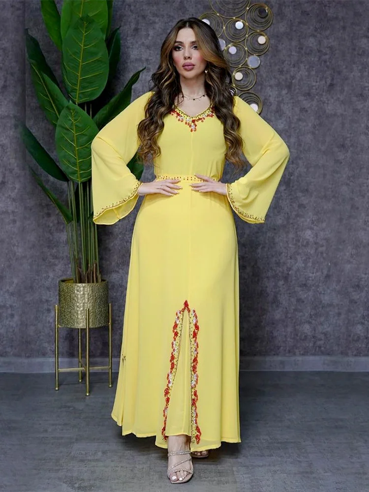 Eid Morocco Party Dress Women Muslim Ramadan Abaya Dubai Abayas Diamond Chiffon Kaftan Elegant Robe Vestidos Turkey Gown 2023