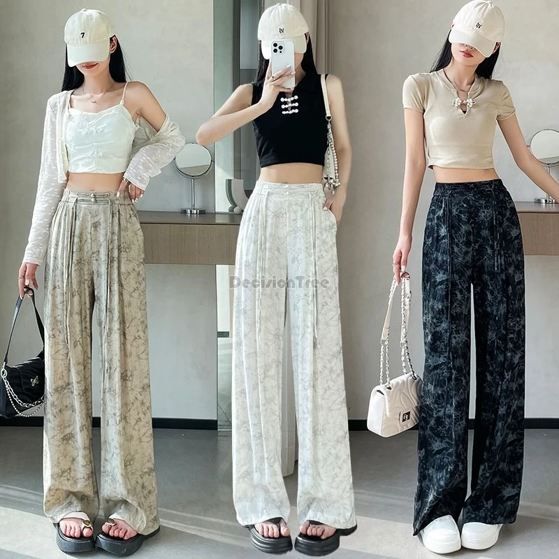 Женские брюки в китайском стиле свободные с широкими штанинами и чернильным