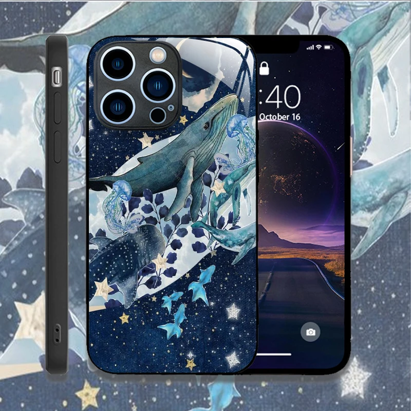 Cartoon Ocean Whale Shark Swimming Phone Case for IPhone 16 Pro Max 15 14 13 12 Mini 11 XS 7 8 14Plus Cover Tempered Glass Cases