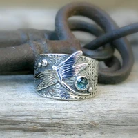 vintage silver color hand carved dragonfly ring boho ladies inlaid blue ston silver color ring