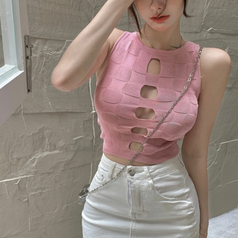 

Ажурные укороченные топы, Вязаная летняя повседневная кофта, рубашка без рукавов, Женская майка для повседневного ношения, пляжа, вечеринки