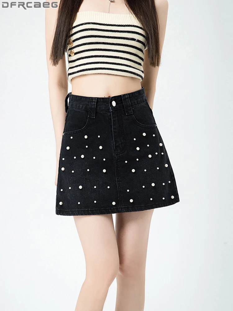 

Модная Джинсовая короткая юбка с высокой талией, женская сексуальная трапециевидная Летняя джинсовая мини-юбка с шортами, уличная одежда с бисером, синие и черные юбки
