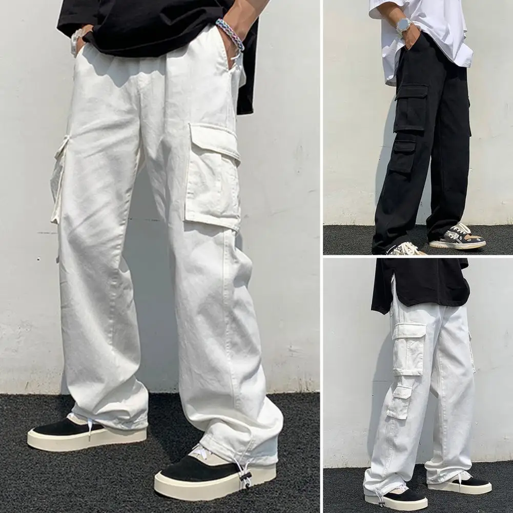 Cargo Pants Solid Color Hip-hop Style Loose Pattern Multi Pockets Elastic Waist Men Cargo Pants Men Joggers Men Sweatpants