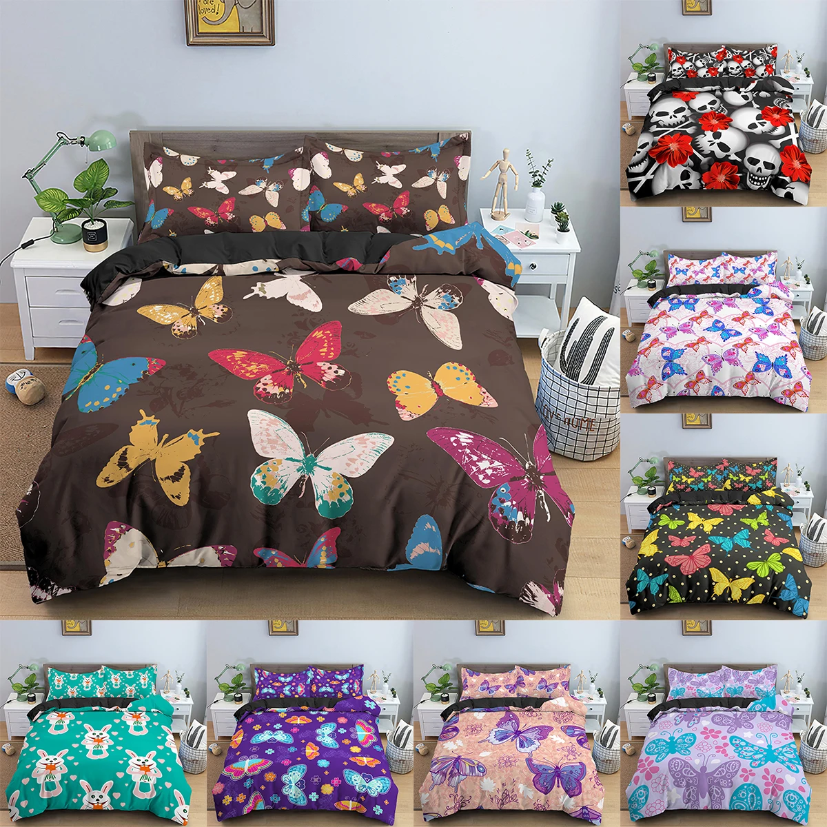 

3D Bedding Set Butterfly Reactive Printing Polyester Duvet Cover With Zipper Closure King Queen Size Comforter And Pillowcase