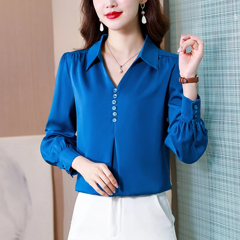 

Elegant Office Ladies Work Satin Silk Shirts Women Blouses Casual Loose V-Neck Long Sleeve Top Spring Autumn Solid Basic Blouse