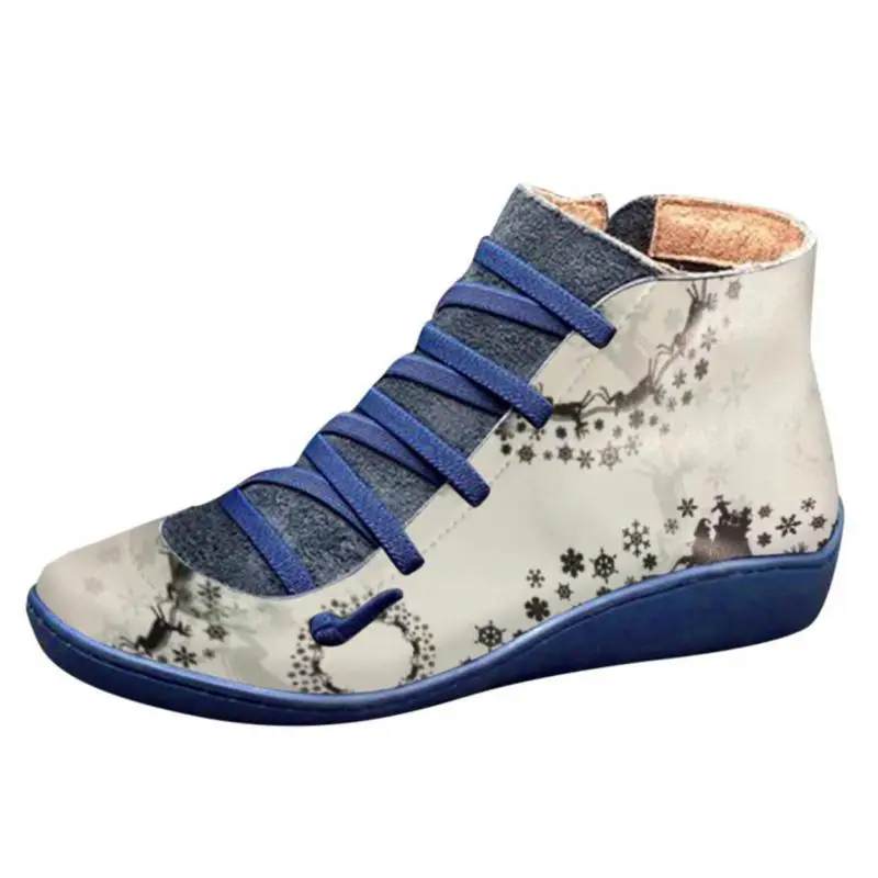 2022 Winter Boots Thick-soled Women's Shoes European-style Women's Martin Boots New Fashion Christmas Print Side Zipper Lace-up