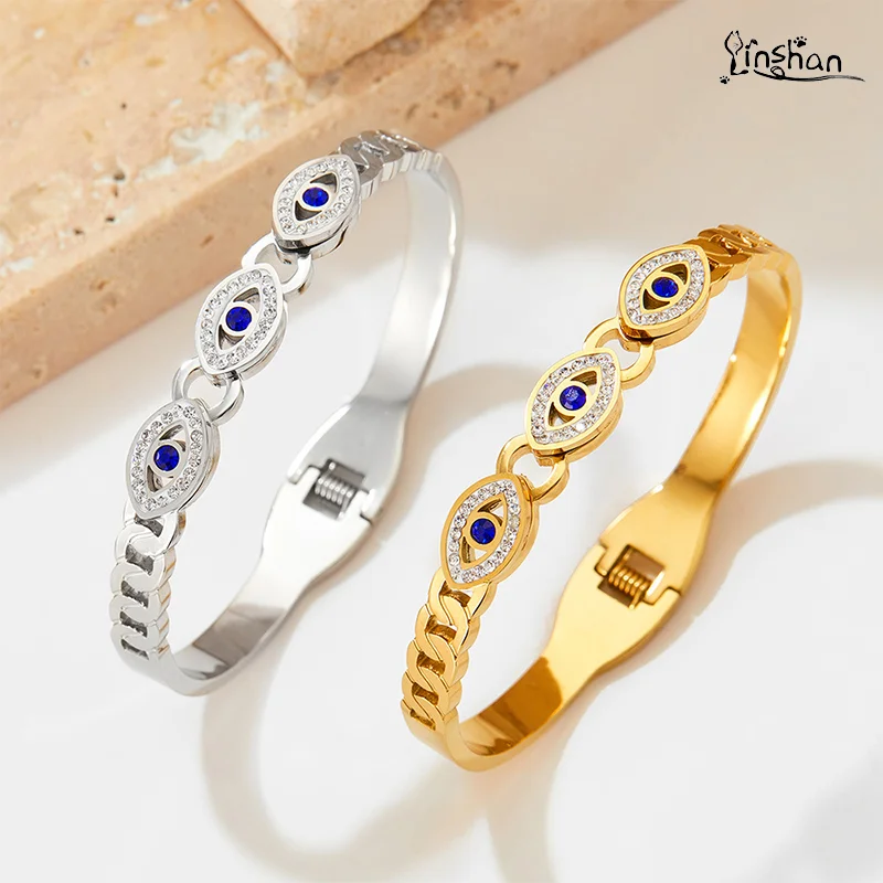 

Lin Shan New Diamond-Encrusted Demon Eyes Niche Hollowed Out Blue Eyes Stainless Steel Bracelet Wholesale Drop Shipping