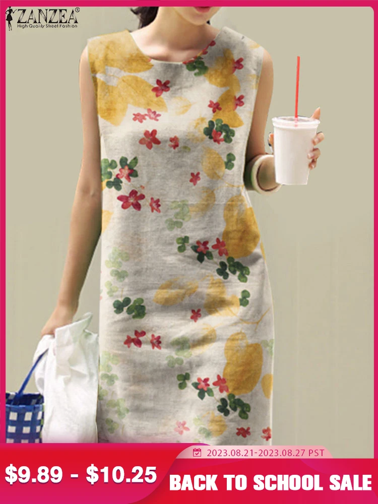 

2023 ZANZEA Summer Bohemian Dress Women Sleeveless Vintage Floral Printed Knee-length Sundress Beach Holiday Vestido Sarafans